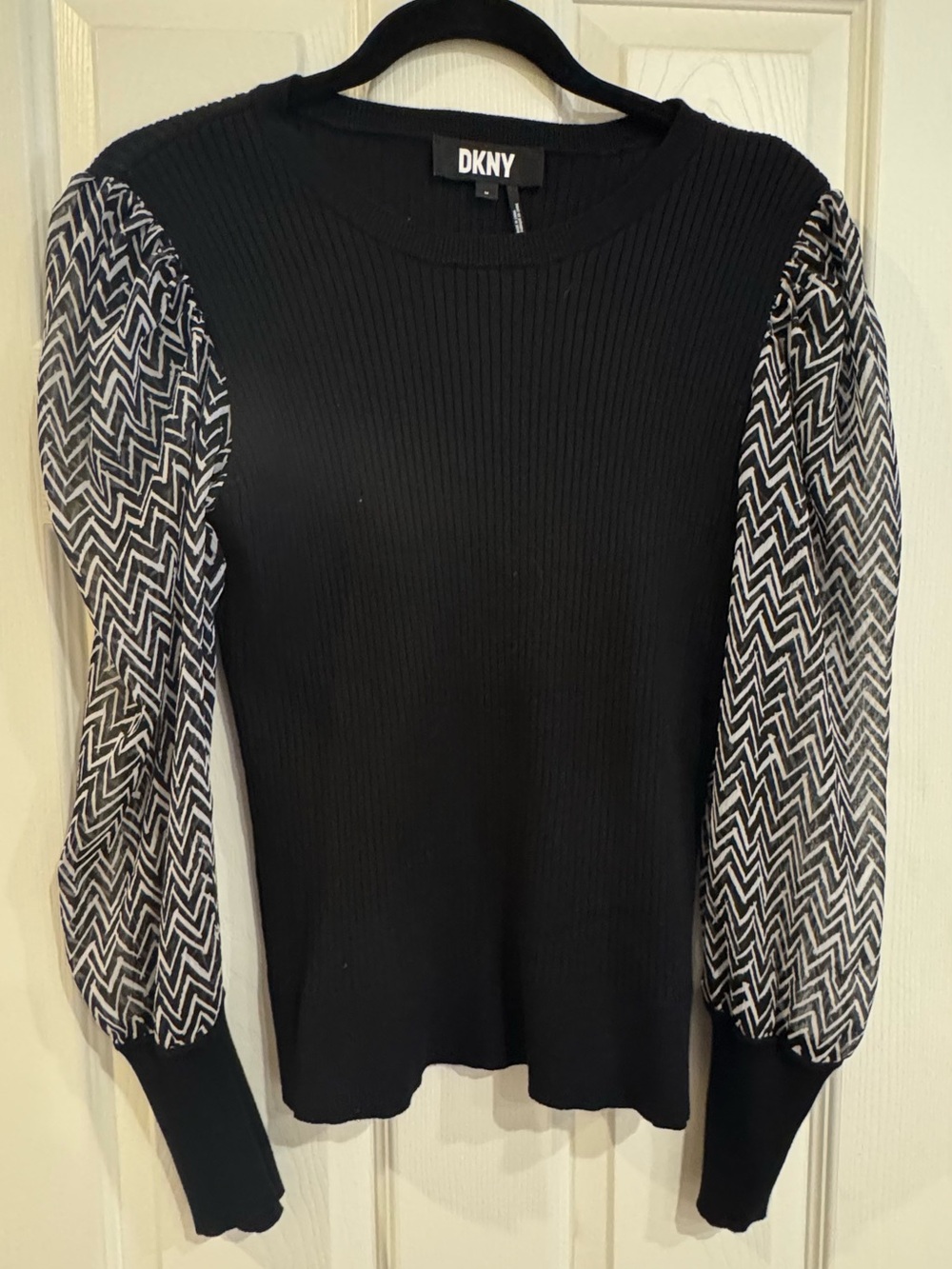 DKNY Black Ribbed Sweater with Chevron Puff Sleeves